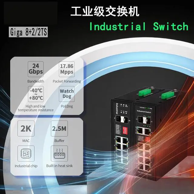 Alt view image 2 of 3 - Full gigabit 8 Ports Industrial ethernet Switch with 2 sfp,6kv Surge Protection,48-57/12-57V dc in(Non POE 8G-2S)