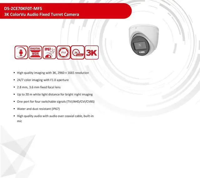 Alt view image 2 of 4 - DS-2CE70KF0T-MFS, 3K Color-Vu Audio Fixed Turret Camera Wired CCTV Coax Analog Camera for Coax Analog DVR System, 65ft IR Night Vision, 2.8mm Wide Angle Lens, Built-in Mic, 4 in 1 TVI/AHD/CVI/CVBS