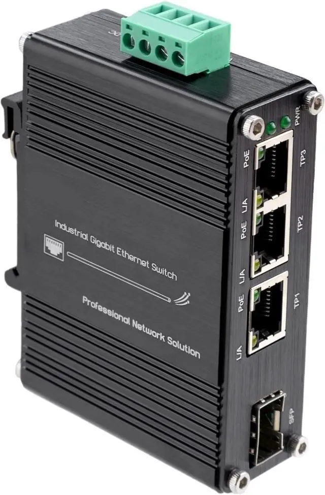 Alt view image 2 of 6 - Mini Industrial PoE Switch 3 Port Gigabit (PoE) Fiber with SFP 10/100/1000Mbps Ethernet RJ45+1SFP 12~48VDC IP40(PoE Type)