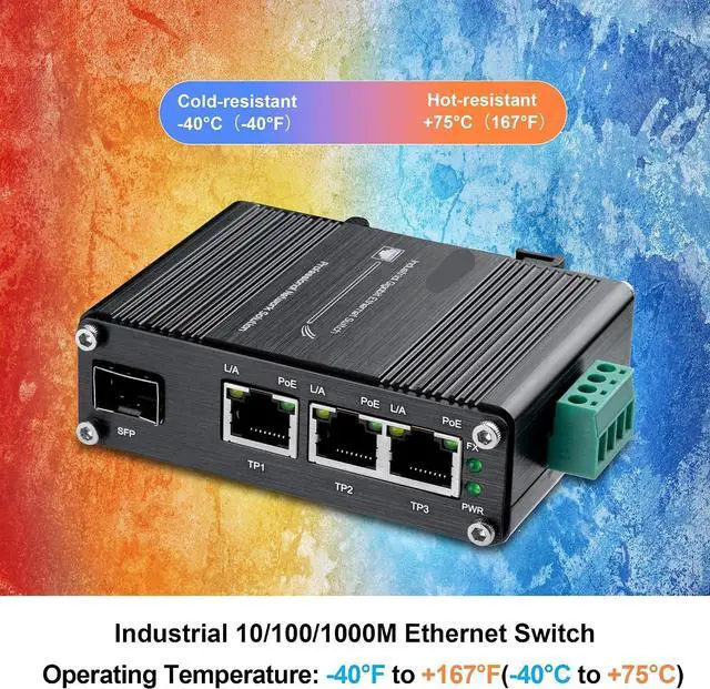 Alt view image 4 of 6 - Mini Industrial PoE Switch 3 Port Gigabit (PoE) Fiber with SFP 10/100/1000Mbps Ethernet RJ45+1SFP 12~48VDC IP40(PoE Type)