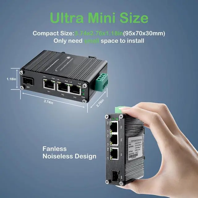 Alt view image 5 of 6 - Mini Industrial PoE Switch 3 Port Gigabit (PoE) Fiber with SFP 10/100/1000Mbps Ethernet RJ45+1SFP 12~48VDC IP40(PoE Type)