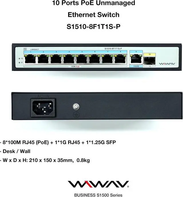 Alt view image 3 of 6 - S1510-8F1T1S-P 10-Port 10/100M PoE Unmanaged Ethernet Switches - Full Duplex LAN Hub for Enterprise, Business, Home, Office, NAS, AP, PoE Surveillance Camera (Built-in 120W, Metal, Plug&Play)