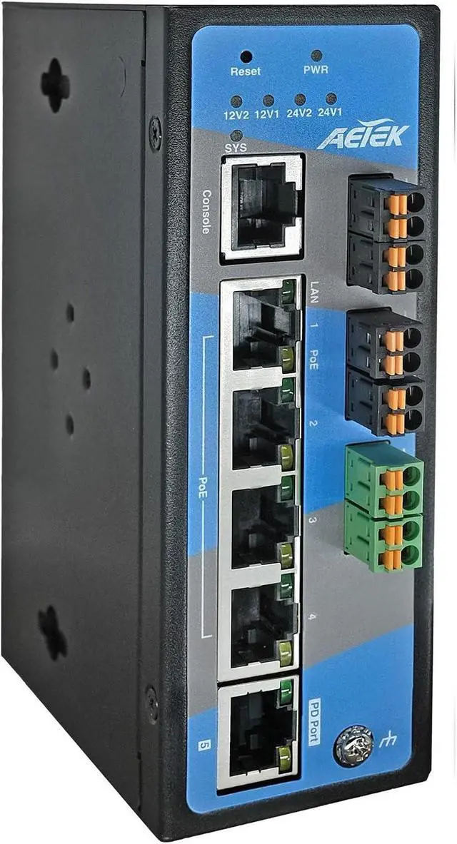 Main image of Industrial L2 Managed 4-Port Gigabit PoE+ Passthrough Switch, TAA, 90W PoE++ Input, 72W PoE Budget, Dual 12V/24V DC Output, DIN-Rail, -40°F to 167°F, 6 kV Surge Protection