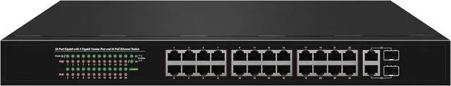 Main image of 24 Port Gigabit PoE+ Switch, 24 x 10/100/1000Mbps PoE Ports, 2 Gigabit Combo Uplinks, 370W Built-in Power, 52Gbps Switching Capacity, Surge Protection for Security Camera System