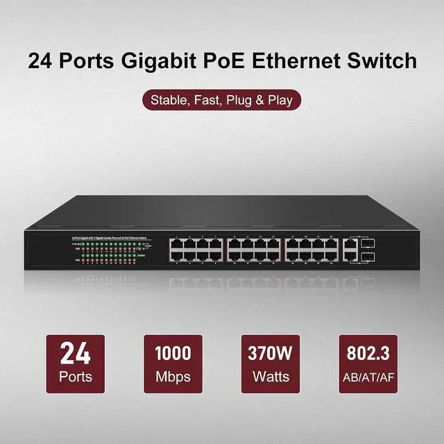 Alt view image 2 of 7 - 24 Port Gigabit PoE+ Switch, 24 x 10/100/1000Mbps PoE Ports, 2 Gigabit Combo Uplinks, 370W Built-in Power, 52Gbps Switching Capacity, Surge Protection for Security Camera System