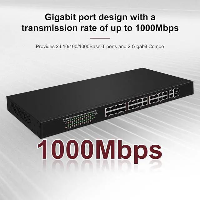 Alt view image 4 of 7 - 24 Port Gigabit PoE+ Switch, 24 x 10/100/1000Mbps PoE Ports, 2 Gigabit Combo Uplinks, 370W Built-in Power, 52Gbps Switching Capacity, Surge Protection for Security Camera System