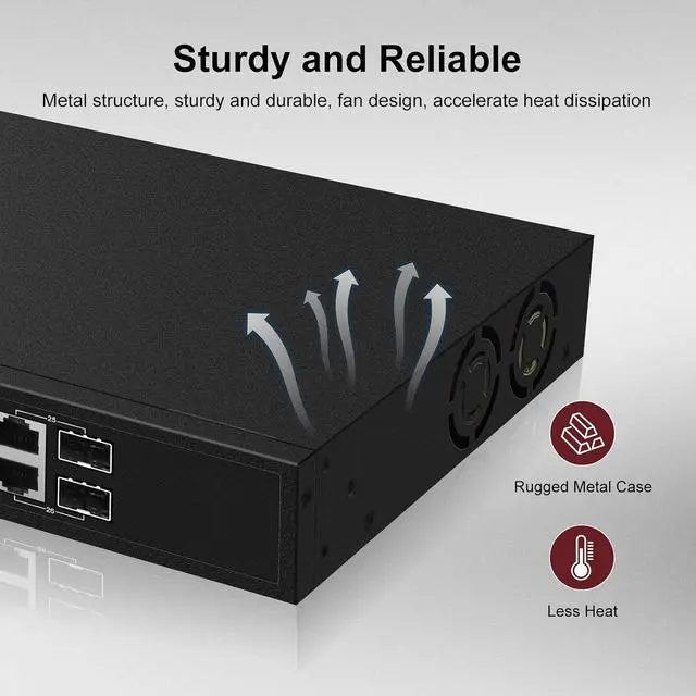 Alt view image 5 of 7 - 24 Port Gigabit PoE+ Switch, 24 x 10/100/1000Mbps PoE Ports, 2 Gigabit Combo Uplinks, 370W Built-in Power, 52Gbps Switching Capacity, Surge Protection for Security Camera System