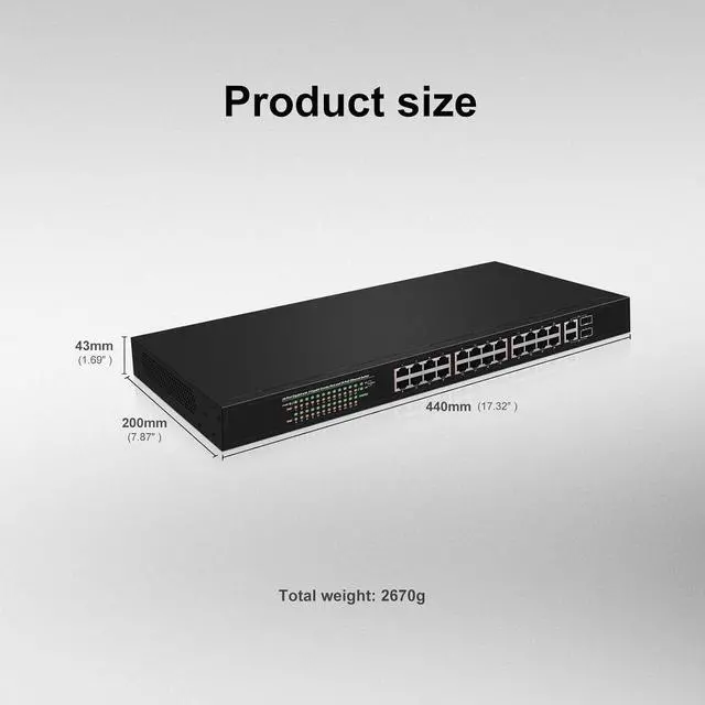 Alt view image 7 of 7 - 24 Port Gigabit PoE+ Switch, 24 x 10/100/1000Mbps PoE Ports, 2 Gigabit Combo Uplinks, 370W Built-in Power, 52Gbps Switching Capacity, Surge Protection for Security Camera System