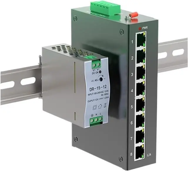 Main image of 8 Port 100M Unmanaged Industrial Switch with15W Power Supply DIN-Rail Ethernet Switch Fast IP40 4KV Protection