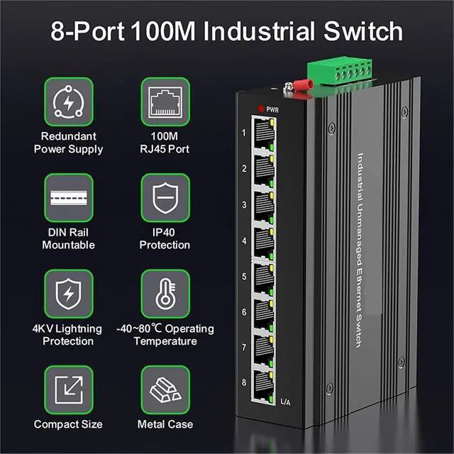Alt view image 3 of 6 - 8 Port 100M Unmanaged Industrial Switch with15W Power Supply DIN-Rail Ethernet Switch Fast IP40 4KV Protection