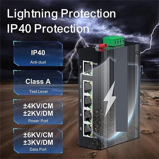 Alt view image 2 of 6 - 5 Port 100M Unmanaged Industrial Switch with DIN Rail 15W Power Supply Fast Ethernet IP40 4KV Protection