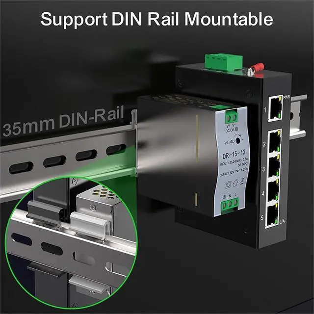 Alt view image 3 of 6 - 5 Port 100M Unmanaged Industrial Switch with DIN Rail 15W Power Supply Fast Ethernet IP40 4KV Protection
