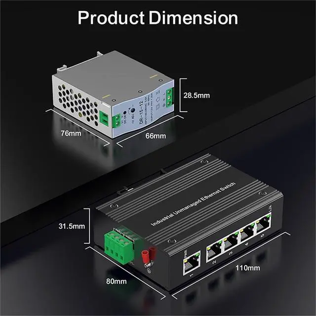 Alt view image 6 of 6 - 5 Port 100M Unmanaged Industrial Switch with DIN Rail 15W Power Supply Fast Ethernet IP40 4KV Protection