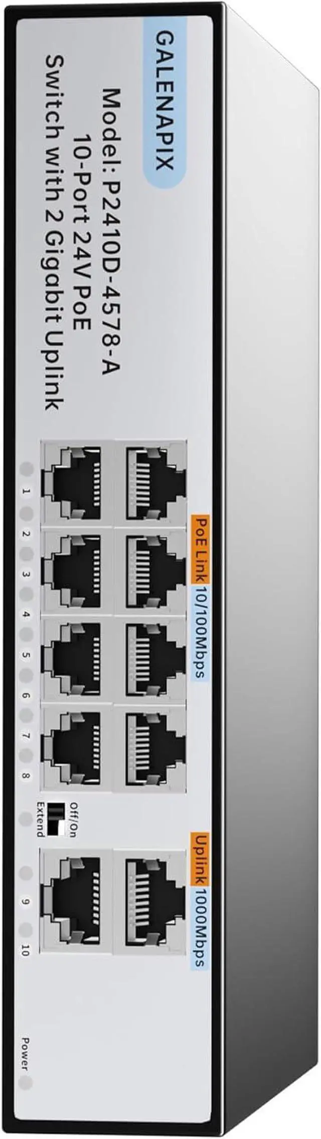 Main image of 8 Port PoE Switch, 24V Passive 100Mbps Switch with 2 Gigabit Uplink Ports, Fanless Silent Operation, Metal Housing, Unmanaged, Plug and Play, for Camera Wireless AP