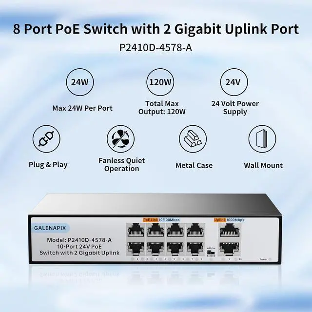 Alt view image 3 of 7 - 8 Port PoE Switch, 24V Passive 100Mbps Switch with 2 Gigabit Uplink Ports, Fanless Silent Operation, Metal Housing, Unmanaged, Plug and Play, for Camera Wireless AP