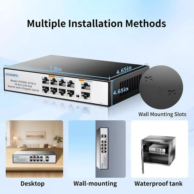 Alt view image 6 of 7 - 8 Port PoE Switch, 24V Passive 100Mbps Switch with 2 Gigabit Uplink Ports, Fanless Silent Operation, Metal Housing, Unmanaged, Plug and Play, for Camera Wireless AP