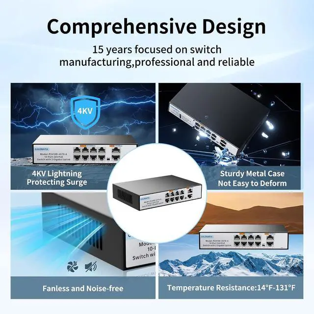 Alt view image 7 of 7 - 8 Port PoE Switch, 24V Passive 100Mbps Switch with 2 Gigabit Uplink Ports, Fanless Silent Operation, Metal Housing, Unmanaged, Plug and Play, for Camera Wireless AP
