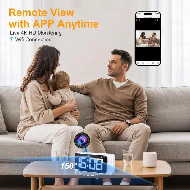 Alt view image 4 of 5 - 4K hidden camera magnetic clock, Wifi mini nanny security cam, Auto time synchronization, detection recognitionnight vision, video live streaming, For indoor, home, office, garage, gym(Milky white)