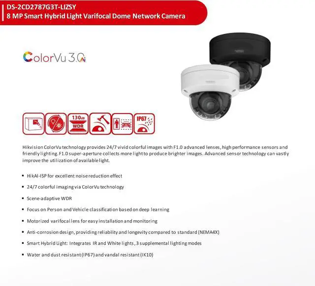 Alt view image 2 of 6 - DS-2CD2787G3T-LIZSY 4K 8MP POE IP Security Camera, Surveillance Video Camera for Outdoor, 130ft Night Vision, Anti-Corrosion Design, WDR, H.265+, Human and Vehicle Detection, Work with kconnect