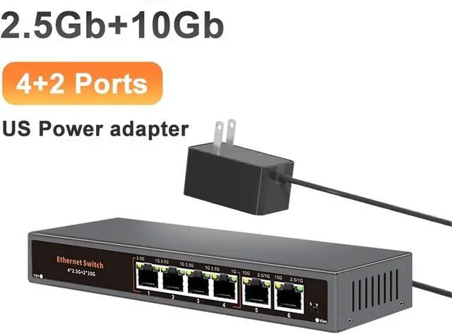Alt view image 2 of 7 - Network Switch 6-Port Multi-Gigabit Unmanaged Network Switch 4 X 2.5Gb RJ45 + 2 X 10Gb RJ45(Switch with US Adapter)