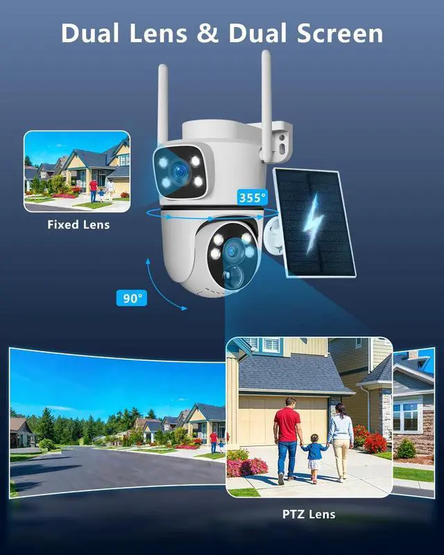 Alt view image 3 of 7 - (2026 New) Solar Security Camera Outdoor, 4MP Dual-Lens (Fixed + PTZ), 130° Wide View, AI Human Detection, 2.4/5.8GHz Dual-Band WiFi, Solar Powered, Free App No Monthly Fee, Color Night Vision