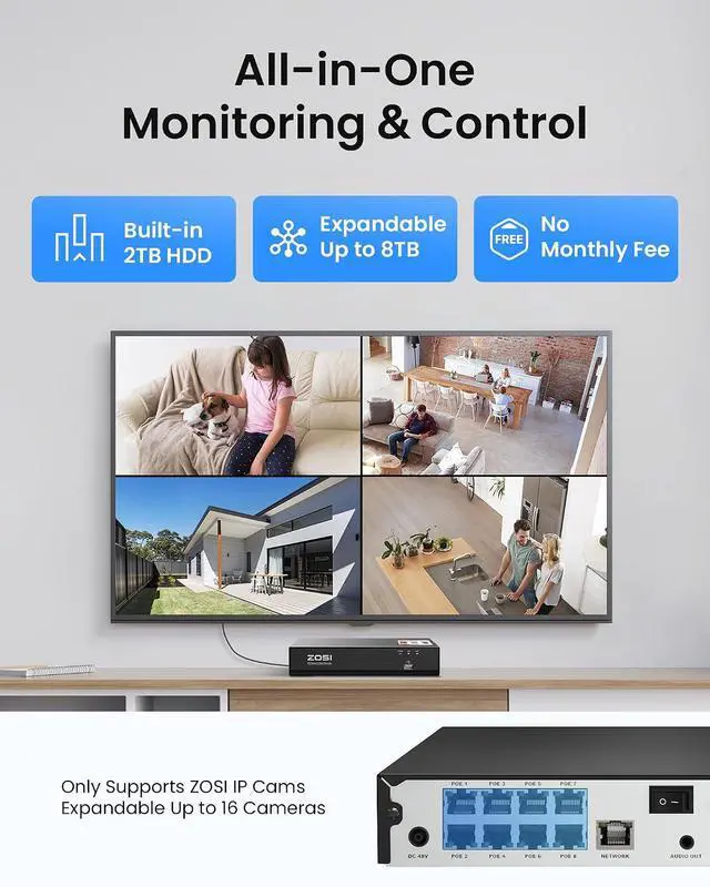 Alt view image 7 of 7 - ZOSI C220 4K 8MP 8CH POE NVR Security Camera System (16CH Expandable), 4 x 8MP PoE IP Dome Cameras Outdoor Indoor, AI Human/Vehicle/Face Detection, One-Way Audio, 100ft IR Night Vision, 2TB HDD