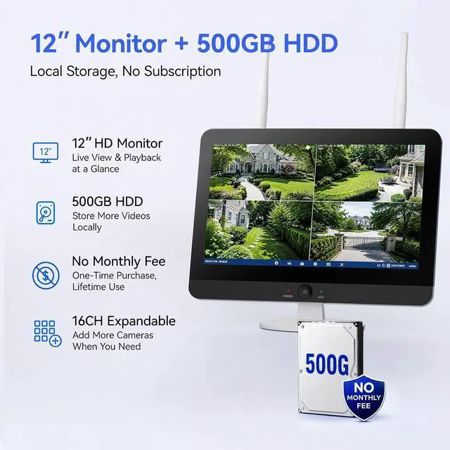 Alt view image 5 of 7 - Solar Security Cameras Wireless with System 12'' Monitor 16CH NVR, 4MP WiFi6 Outdoor Camera for Home Security, 360° Auto Tracking, Color Night Vision, Two-Way Talk, 500G HDD, 0 Monthly Fee