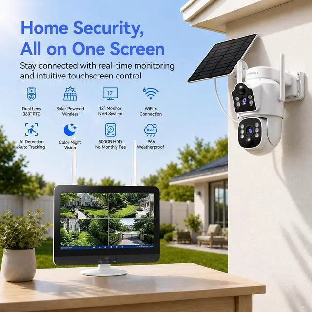 Alt view image 2 of 7 - Solar Security Cameras Wireless with System 12'' Monitor 16CH NVR, 4MP WiFi6 Outdoor Camera for Home Security, 360° Auto Tracking, Color Night Vision, Two-Way Talk, 500G HDD, 0 Monthly Fee