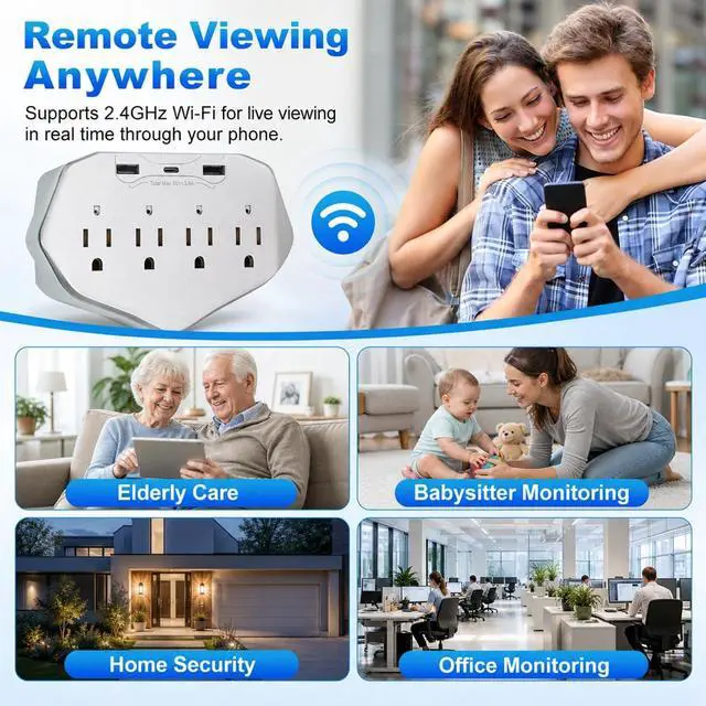 Alt view image 3 of 7 - Wall Outlet Security Camera, 1080P WiFi Indoor Camera with 120° Wide Angle for Home/Office Security 4-in-1 Design Built-in USB Charger & Surge Protector, Supports Local SD Card Storage