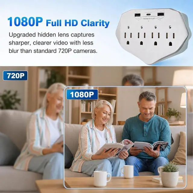 Alt view image 4 of 7 - Wall Outlet Security Camera, 1080P WiFi Indoor Camera with 120° Wide Angle for Home/Office Security 4-in-1 Design Built-in USB Charger & Surge Protector, Supports Local SD Card Storage