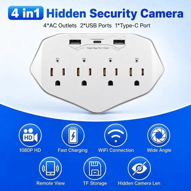 Alt view image 5 of 7 - Wall Outlet Security Camera, 1080P WiFi Indoor Camera with 120° Wide Angle for Home/Office Security 4-in-1 Design Built-in USB Charger & Surge Protector, Supports Local SD Card Storage