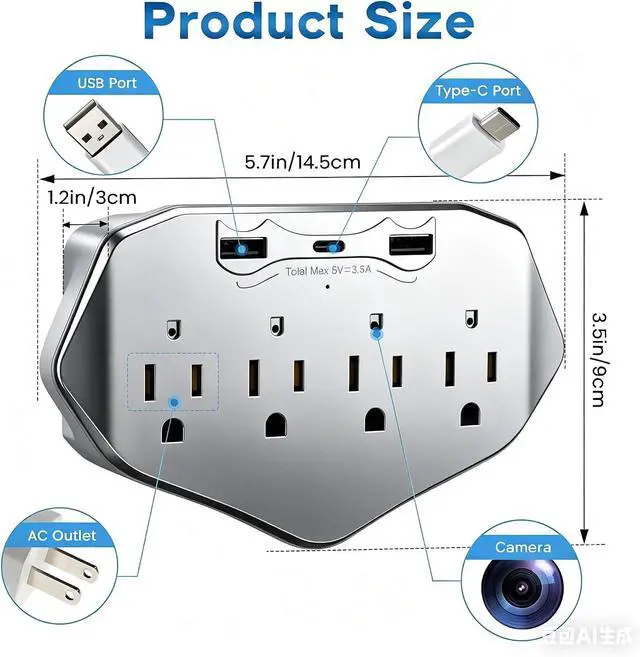 Alt view image 7 of 7 - Wall Outlet Security Camera, 1080P WiFi Indoor Camera with 120° Wide Angle for Home/Office Security 4-in-1 Design Built-in USB Charger & Surge Protector, Supports Local SD Card Storage