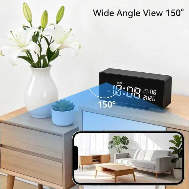 Alt view image 2 of 7 - Wireless Security Mini CameraIndoor Security Camera, Nanny Camera with 1080P HD Video,AI Motion Alerts,Digital Clock, Night Vision, 5G&2.4G, Bluetooth Setup,Local & Cloud Storage