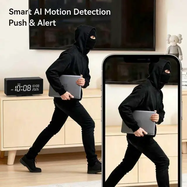 Alt view image 4 of 7 - Wireless Security Mini CameraIndoor Security Camera, Nanny Camera with 1080P HD Video,AI Motion Alerts,Digital Clock, Night Vision, 5G&2.4G, Bluetooth Setup,Local & Cloud Storage
