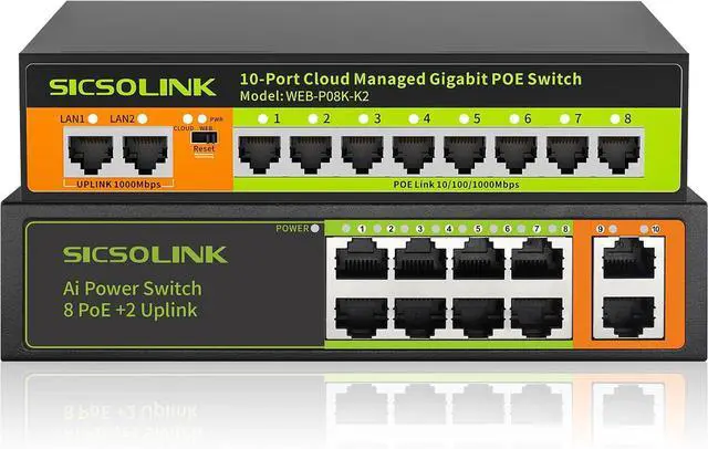 Main image of 10 Ports PoE Switch Combo Package with one 10 Port gigabit Web Managed Switch and one 10 Port 100Mbps Switch, Both of Them Have 2 uplink Port Ports, fanless, Plug and Play.