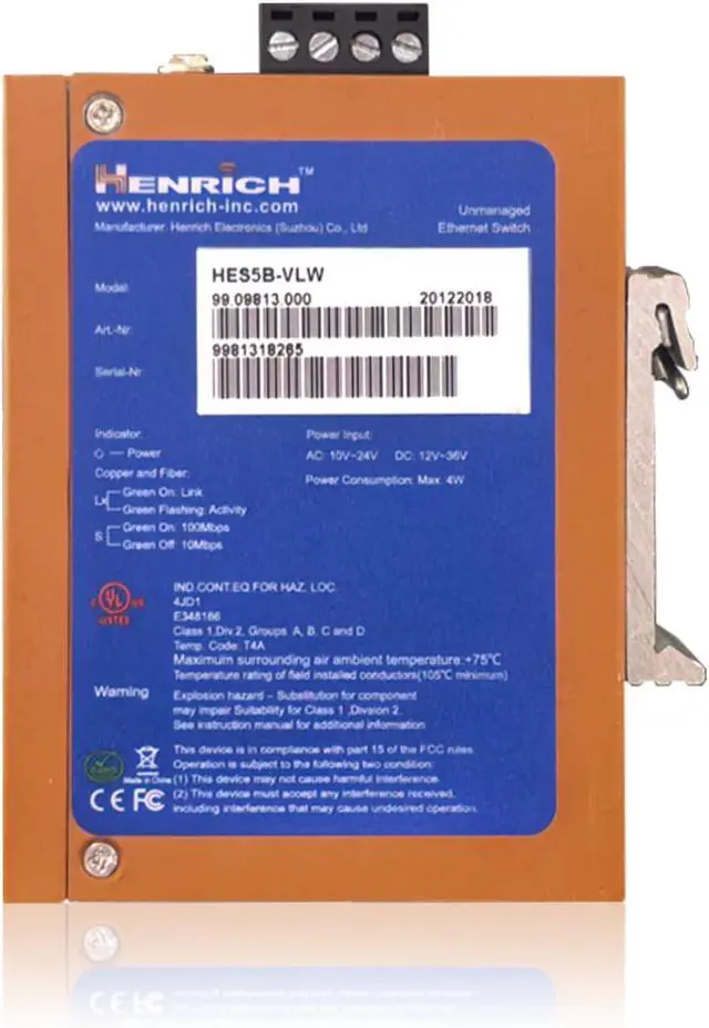 Alt view image 2 of 7 - True Industrial Ethernet: Henrich 5x100Mbps Copper Port Din-Rail Switch