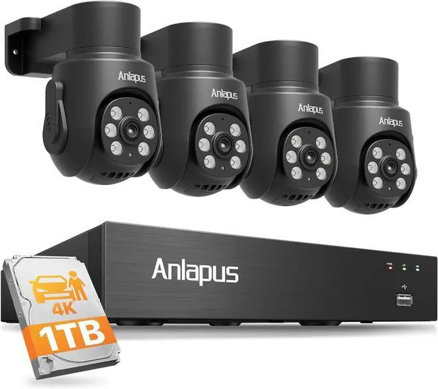 Main image of Anlapus 4K 8CH Wired Security Camera System Outdoor, 4 x 8MP IP66 Pan Tilt CCTV Cameras for Home Security, Night Vision, AI Human Vehicle Detection, 360° Coverage, Audio Recording, 1TB HDD