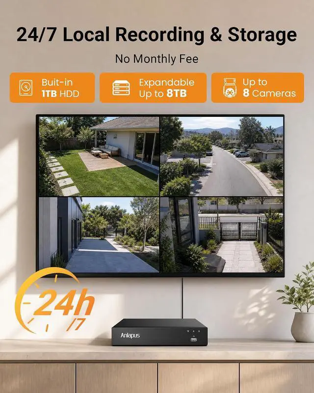 Alt view image 7 of 7 - Anlapus 4K 8CH Wired Security Camera System Outdoor, 4 x 8MP IP66 Pan Tilt CCTV Cameras for Home Security, Night Vision, AI Human Vehicle Detection, 360° Coverage, Audio Recording, 1TB HDD
