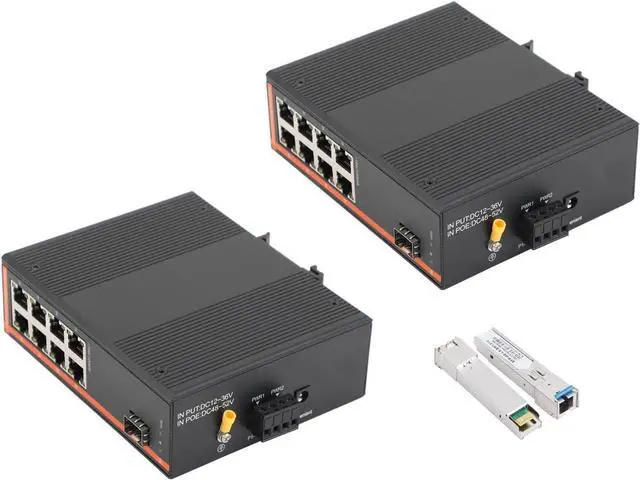 Main image of 2PCS Industrial Network Switch Gigabit Ethernet Fiber Optic Converter - 1SFP to 8 RJ45, with 1Pair SFP Moudle-SC 3KM, 10/100/1000M, IP40, Din Rail Mount