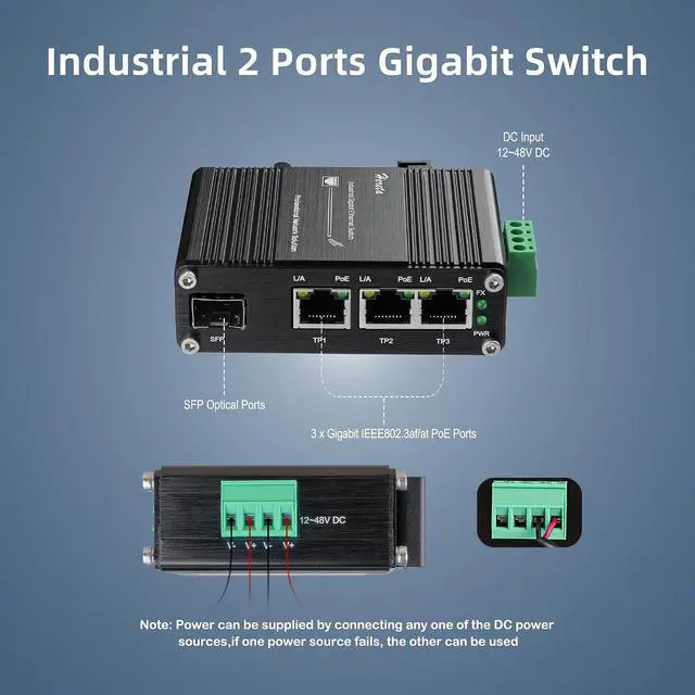 Alt view image 2 of 7 - Industrial 3-Port Fiber PoE+ Ethernet Switch,Mini Unmanaged Gigabit Network Switch, 3 PoE Port @90W+1 Port 100/1000X SFP,Optical Transceiver Plug & Play,12~48VDC Power Input,Din-Rail or Wall Mount