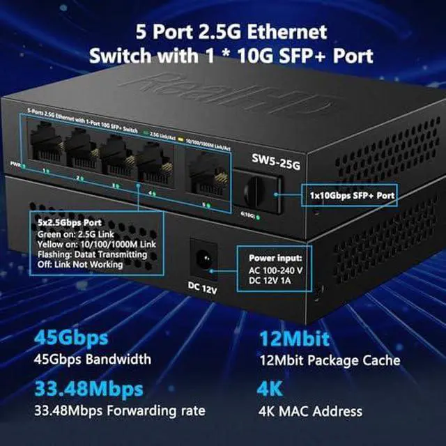Alt view image 4 of 7 - 5 Port 2.5GB Unmanaged Ethernet Network Switch
