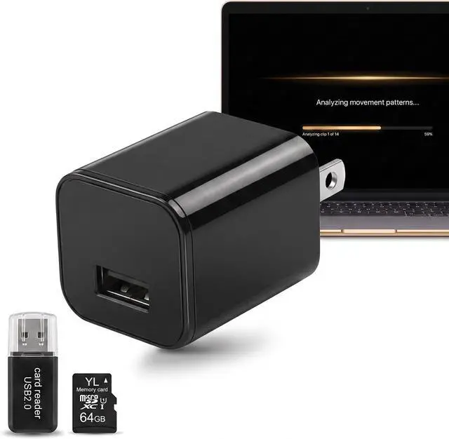 Main image of Hidden Camera Charger, No WiFi Needed, 1080P HD Indoor Security Camera & Nanny Cam, 64GB SD Card Included, Motion Detection, AI Security App, USB Wall Charger for Home & Office