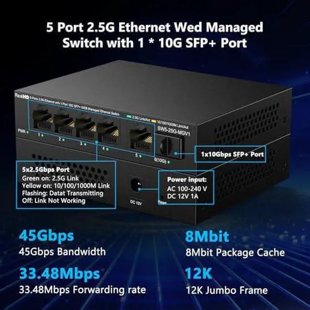 Alt view image 5 of 6 - Real HD 5 Port 2.5G Managed Ethernet Network Switch, 1 x 10G SFP+ Port