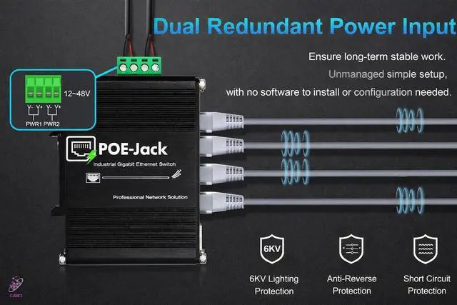 Alt view image 2 of 5 - Industrial 5 Ports Gigabit 12V PoE Switch, Switch Support 1248V DC Input to 48V PoE , 4 x POE Output IEEE 802.3af/at Ports 30W up to 120W, IP40 for POE-Jack/Solar Power/Automation
