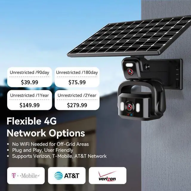 Alt view image 6 of 7 - Neye 4G Cellular Security Camera 4K, Wireless Solar Outdoor Camera Dual Lens Bullet-PTZ Cam 360° View, AI Tracking, Built in SIM Card with 64g sd Card,Two Solar Panels,12000mah Battery
