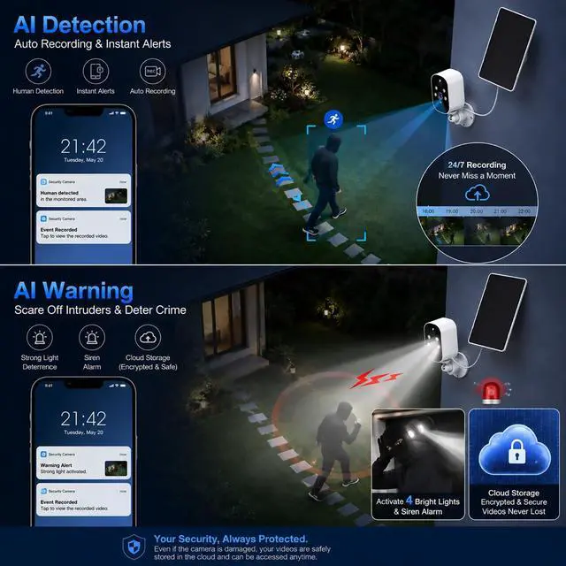 Alt view image 7 of 7 - XVIM 2Pcs 2K Solar Security Wireless Camera Outdoor, 2.4Ghz WiFi Battery Camera, Solar Camera with PIR Alarm, 2-Way Audio, Color Night Vision, IP65 Waterproof, Cloud & SD Storage