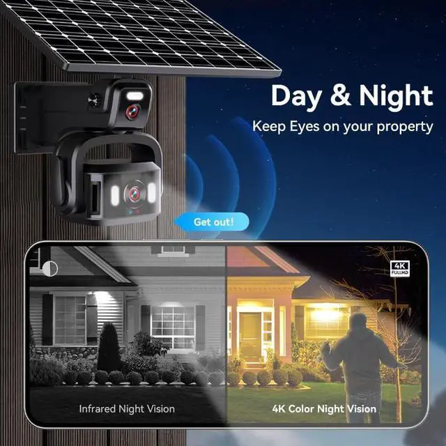 Alt view image 3 of 7 - Neye 4G Cellular Security Camera 4K, Wireless Solar Outdoor Camera Dual Lens Bullet-PTZ Cam 360° View, AI Tracking, Built in SIM Card with 64g sd Card,Two Solar Panels,12000mah Battery