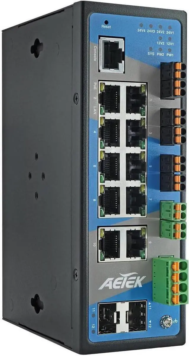 Main image of Industrial 8-Port Gigabit PoE+ Switch with 2 SFP, 12-48VDC Input, 2 x 12VDC & 4 x 24VDC Outputs, Layer 2 Managed, 240W PoE Budget, 6KV Surge Protection, DIN-Rail Mount