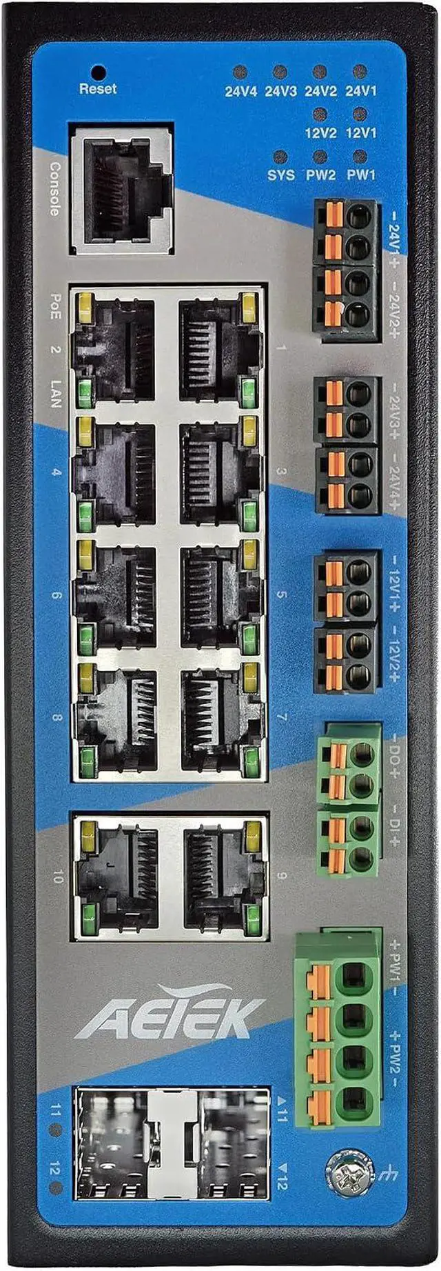 Alt view image 2 of 7 - Industrial 8-Port Gigabit PoE+ Switch with 2 SFP, 12-48VDC Input, 2 x 12VDC & 4 x 24VDC Outputs, Layer 2 Managed, 240W PoE Budget, 6KV Surge Protection, DIN-Rail Mount