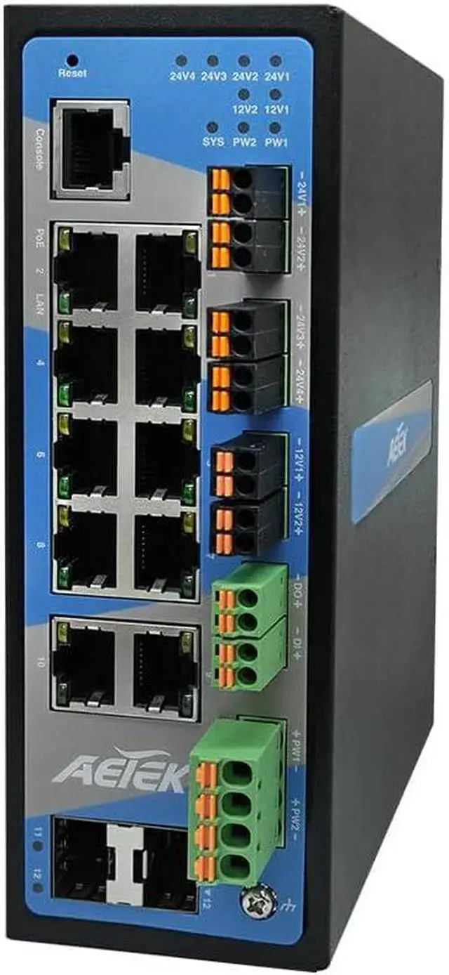 Alt view image 4 of 7 - Industrial 8-Port Gigabit PoE+ Switch with 2 SFP, 12-48VDC Input, 2 x 12VDC & 4 x 24VDC Outputs, Layer 2 Managed, 240W PoE Budget, 6KV Surge Protection, DIN-Rail Mount